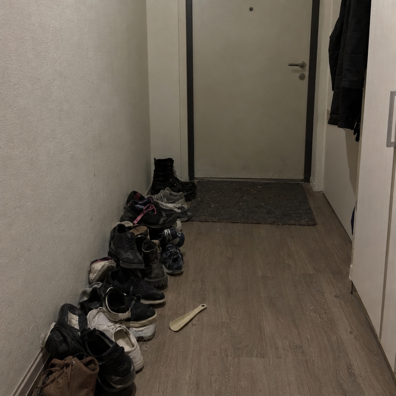 Zagracony przedpokój ze stertą butów i plastikową łyżką na podłodze